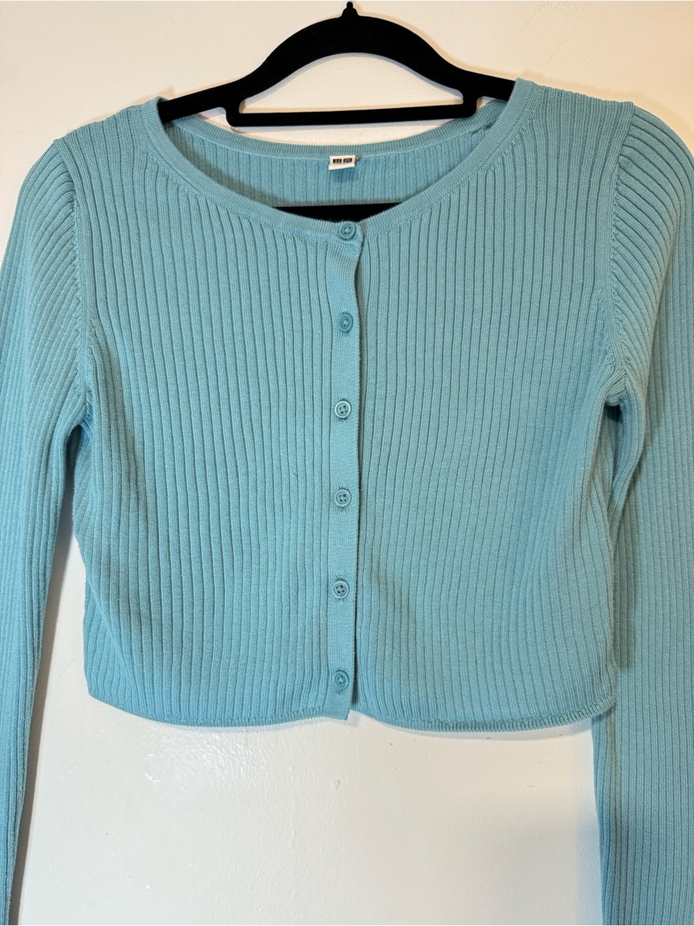 Uniqlo Light Blue Ribbed Button-Up Crop Cardigan